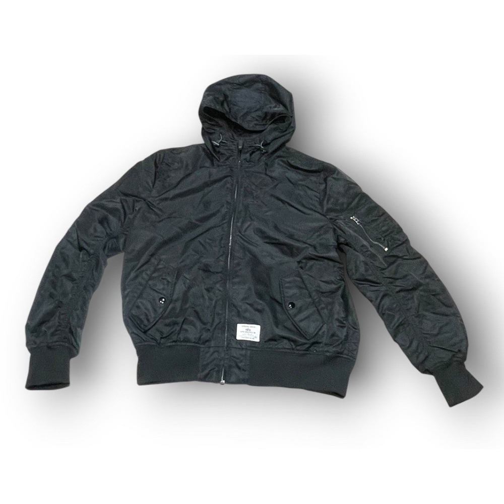 Alpha Industries Hooded Flight Jacket Men Large Black Embroidered 418 Bomber L⁠